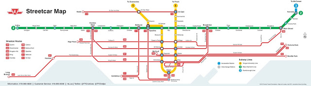Mapa mostrando as linhas do streetcar de Toronto, Canadá. 