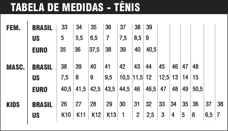 Tamanho Medidas Tenis EUA Brasil